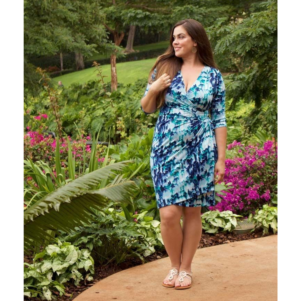 Kiyonna Ciara Cinch 1X Faux Wrap Blue Indigo Rain Abstract Watercolor Feminine